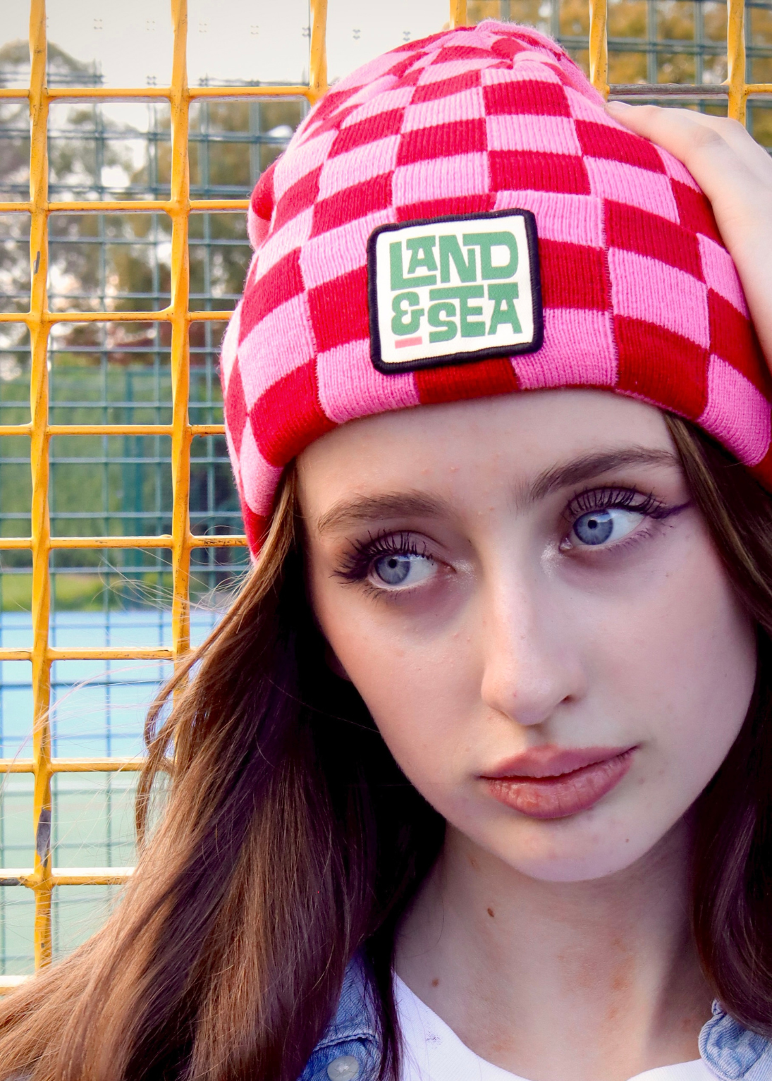 Checkerboard Beanie Hat in Pink & Red