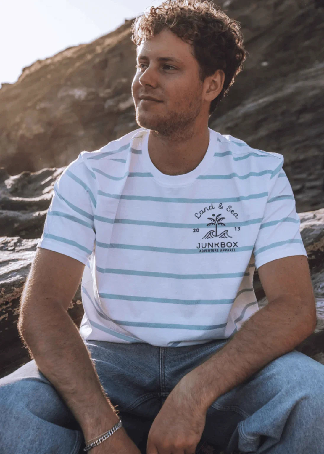 Palm Duck Egg Blue & White Stripe Tshirt - Junkbox Apparel