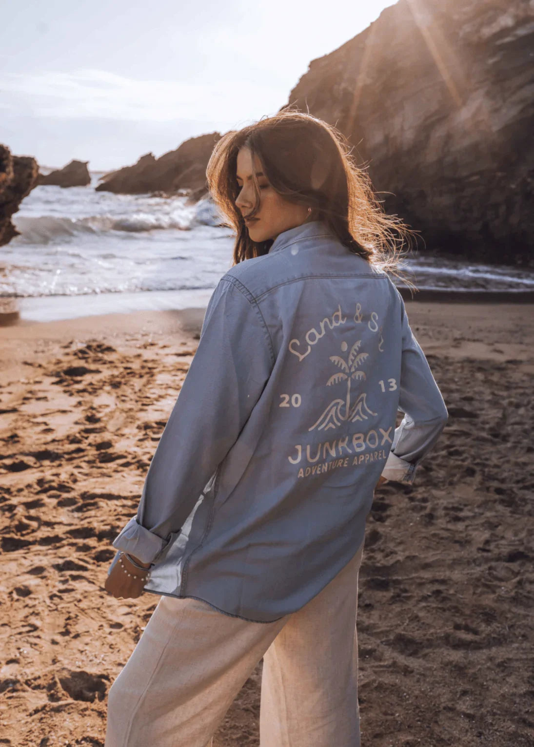 Palm Light Denim Boyfriend Shirt - Junkbox Apparel