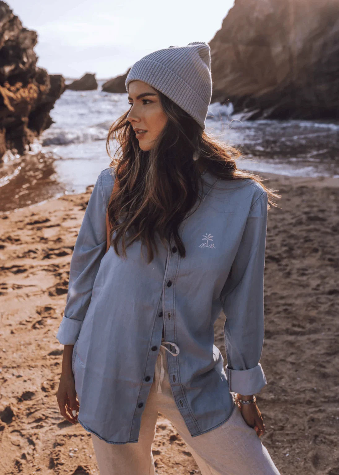 Palm Light Denim Boyfriend Shirt - Junkbox Apparel