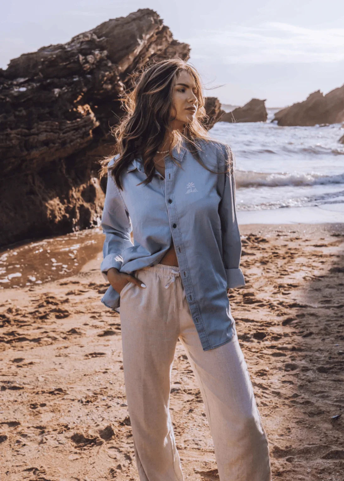 Palm Light Denim Boyfriend Shirt - Junkbox Apparel