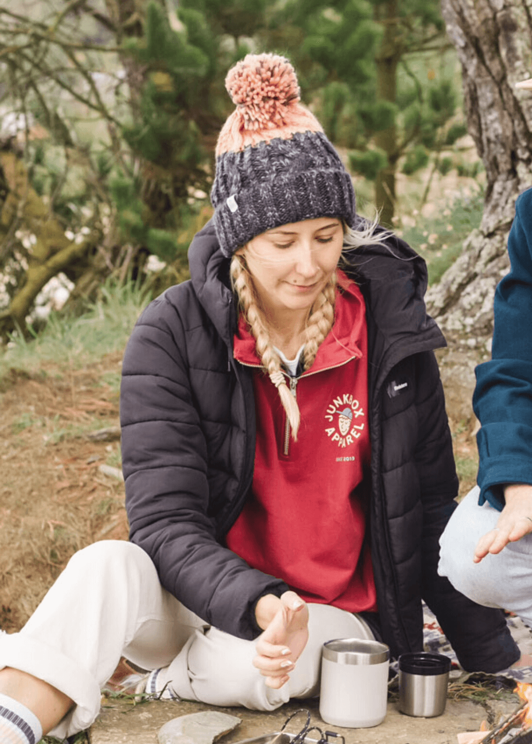 junkbox pink & grey adventurer pom bobble hat