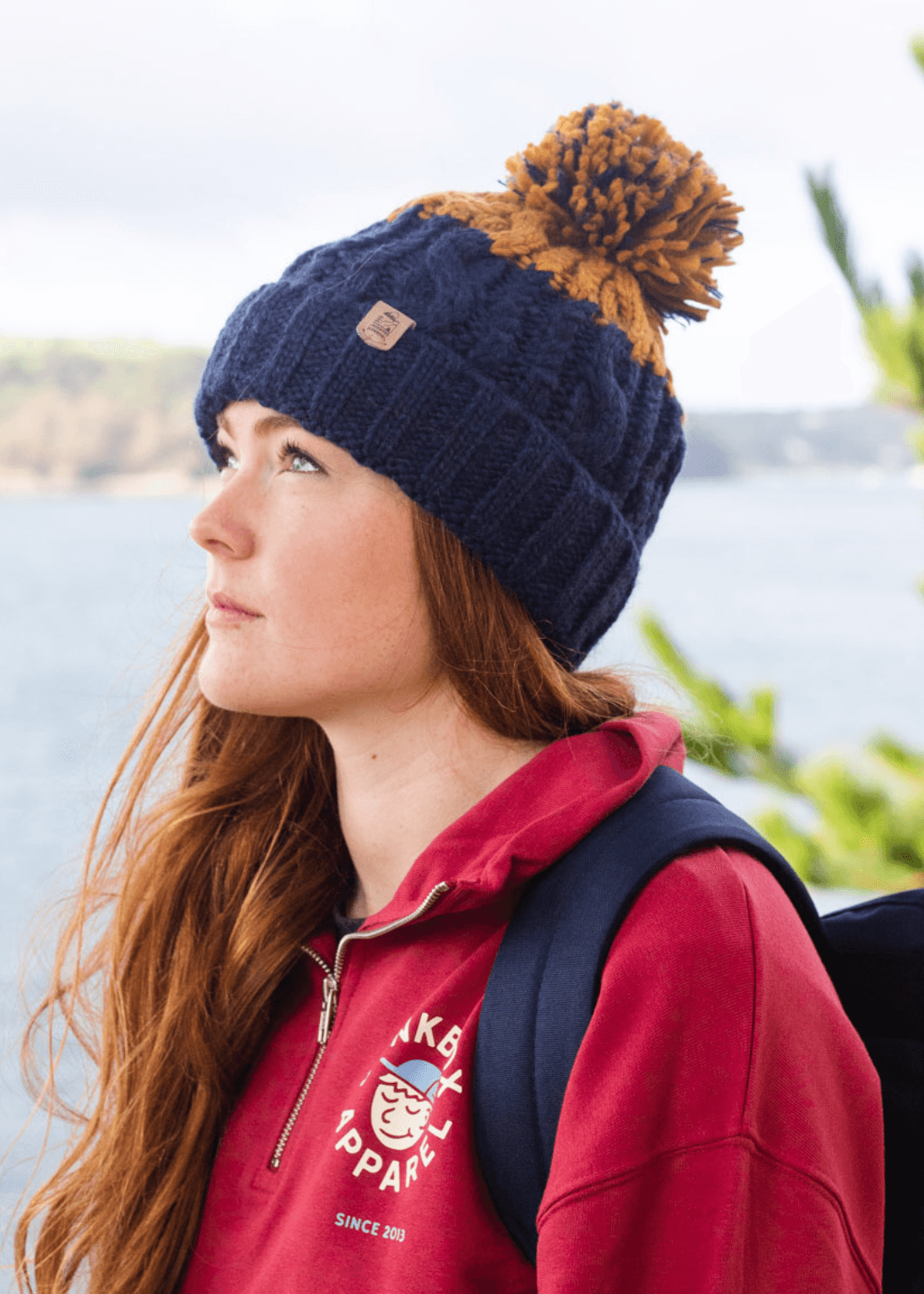 junkbox adventurer navy & mustard pom beanie bobble hat