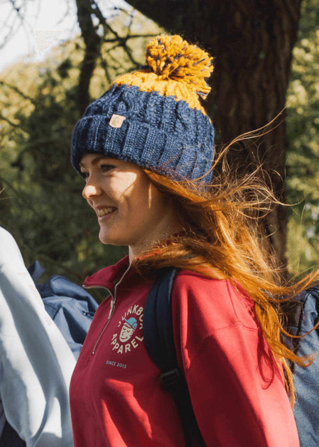 junkbox adventurer navy & mustard pom beanie bobble hat