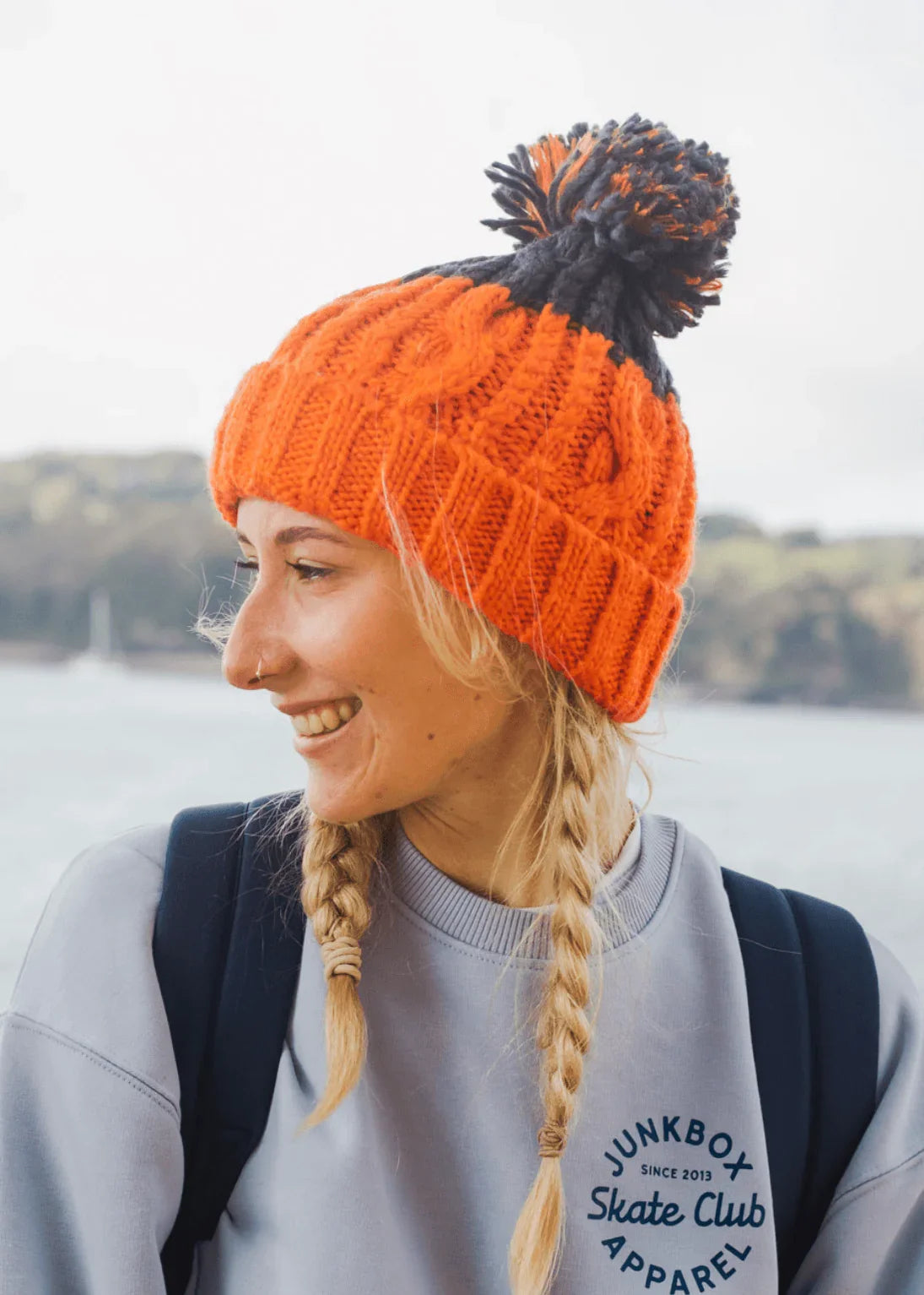 Adventurer Bobble Hat in Orange & Grey - Junkbox Apparel