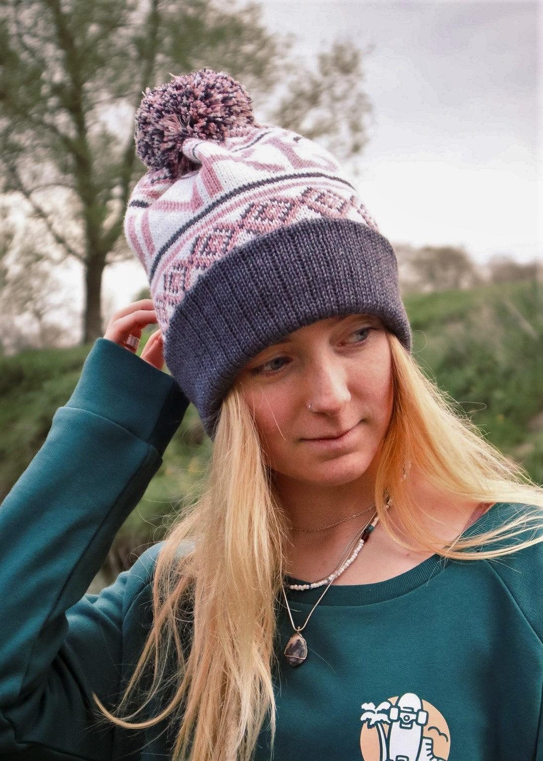 logo-merino-bobble-hat-in-rose-and-charcoal-junkbox-apparel-1 - Junkbox Apparel