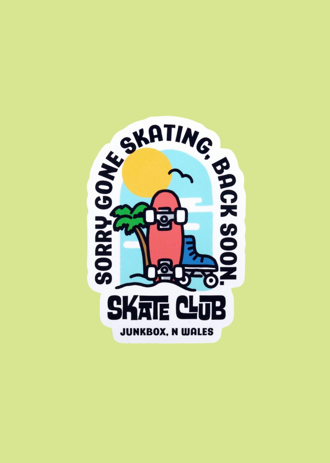 Sticker with a skateboard design and text on a light green background