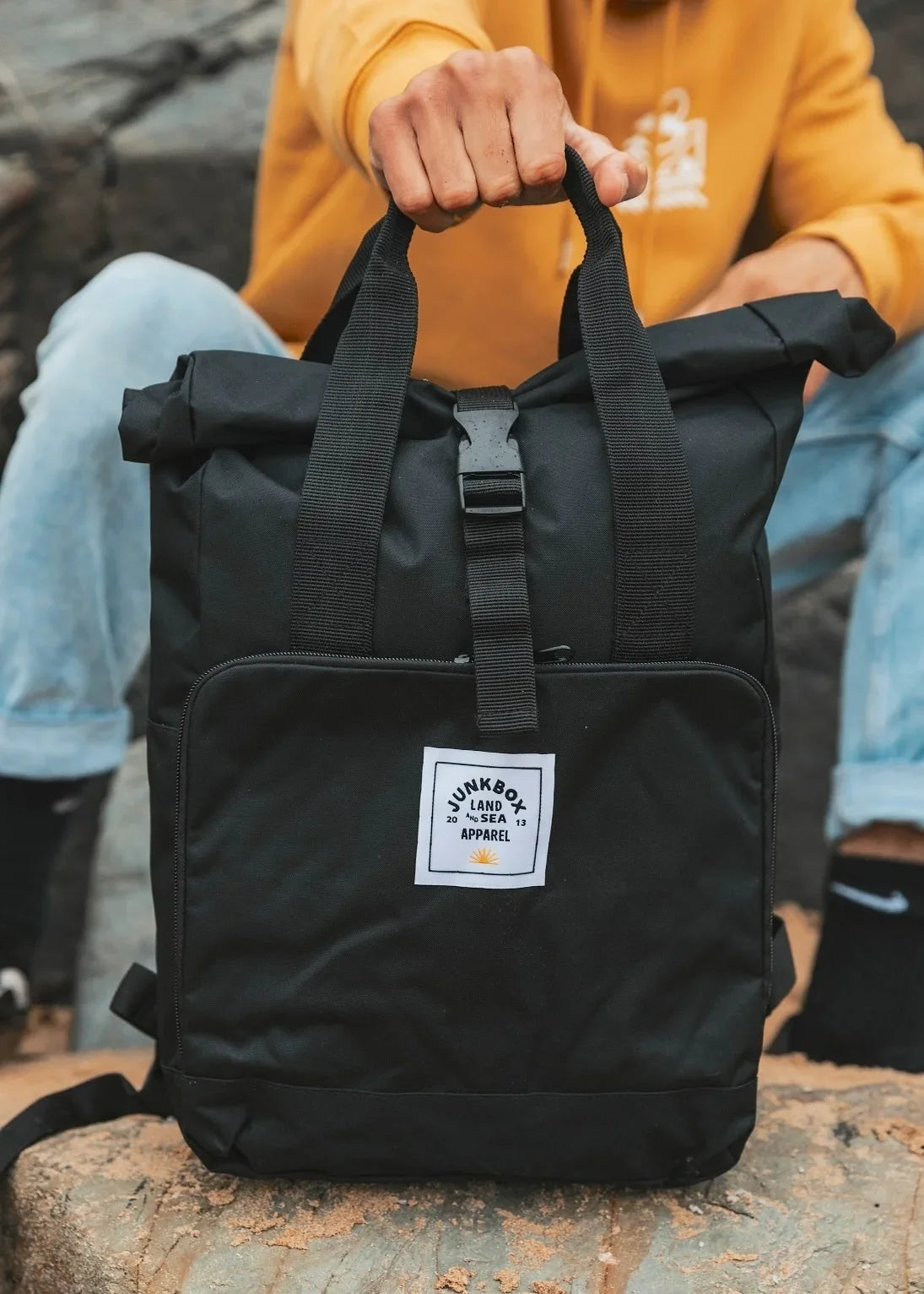 'The Everyday' Recycled Roll-Top Backpack in Black - Junkbox Apparel