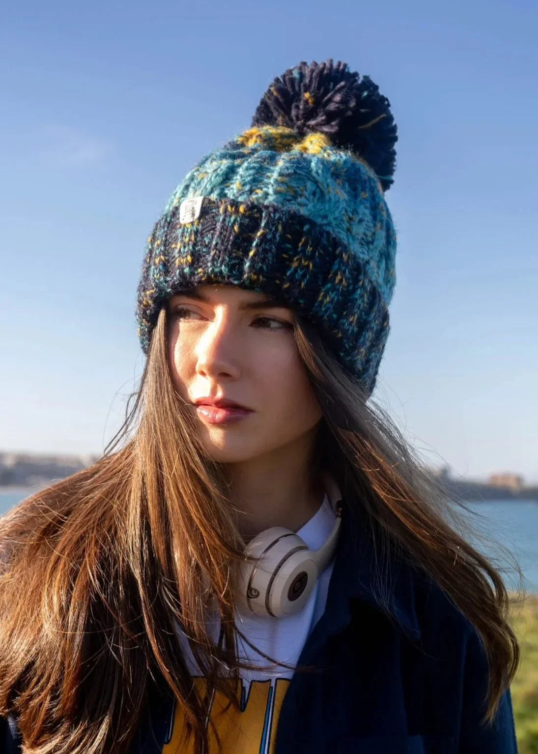Explorer Pom Bobble Hat in Blue & Yellow - Junkbox Apparel