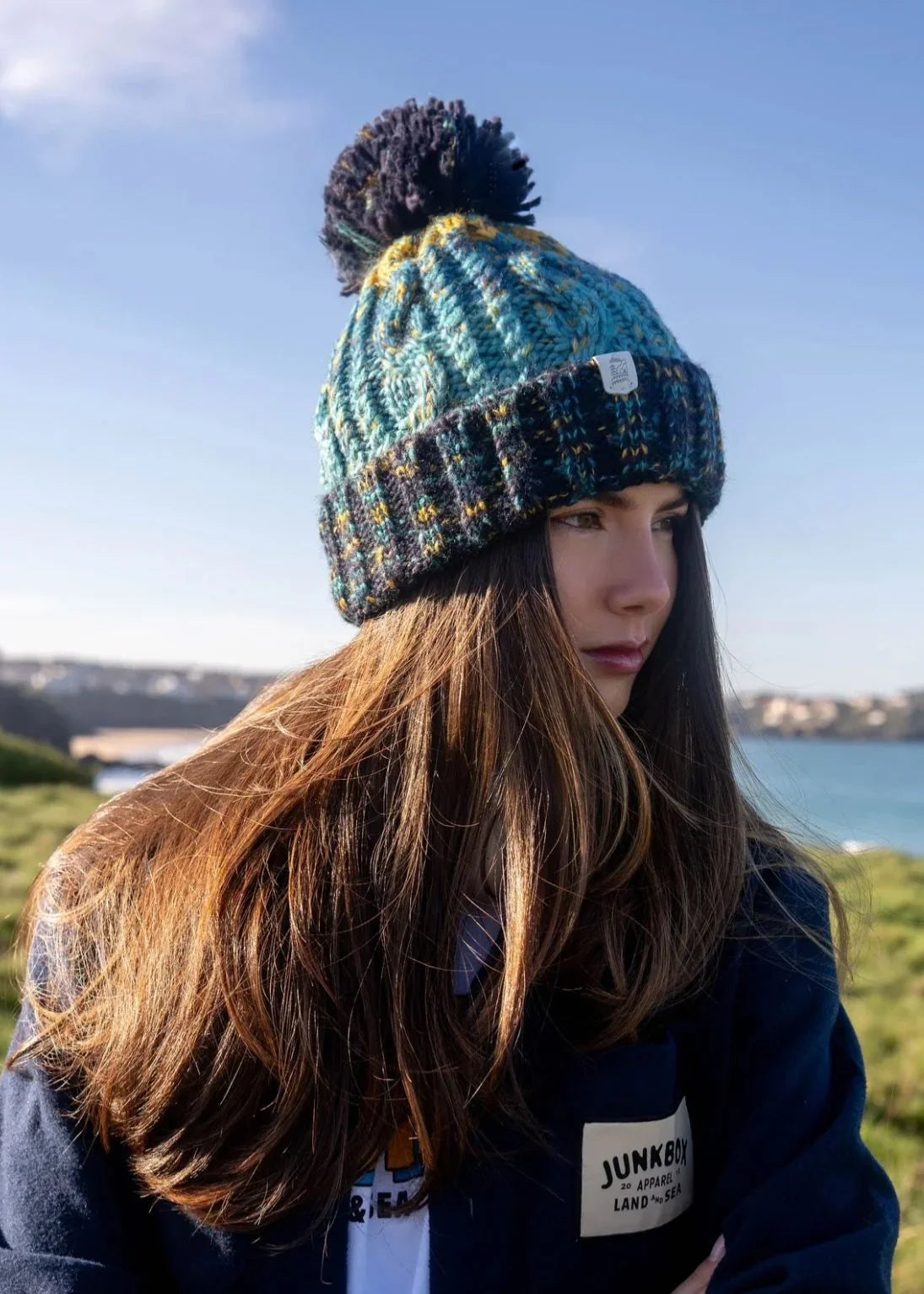 Explorer Pom Bobble Hat in Blue & Yellow - Junkbox Apparel