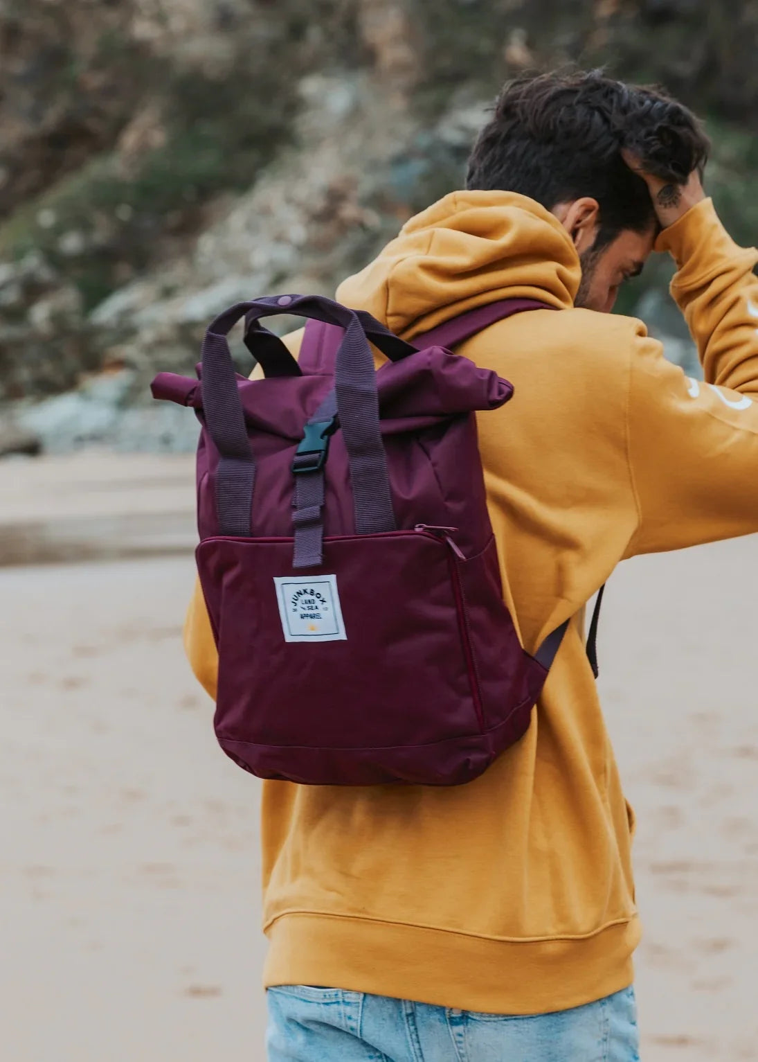 'The Everyday' Recycled Roll-Top Backpack in Burgundy - Junkbox Apparel