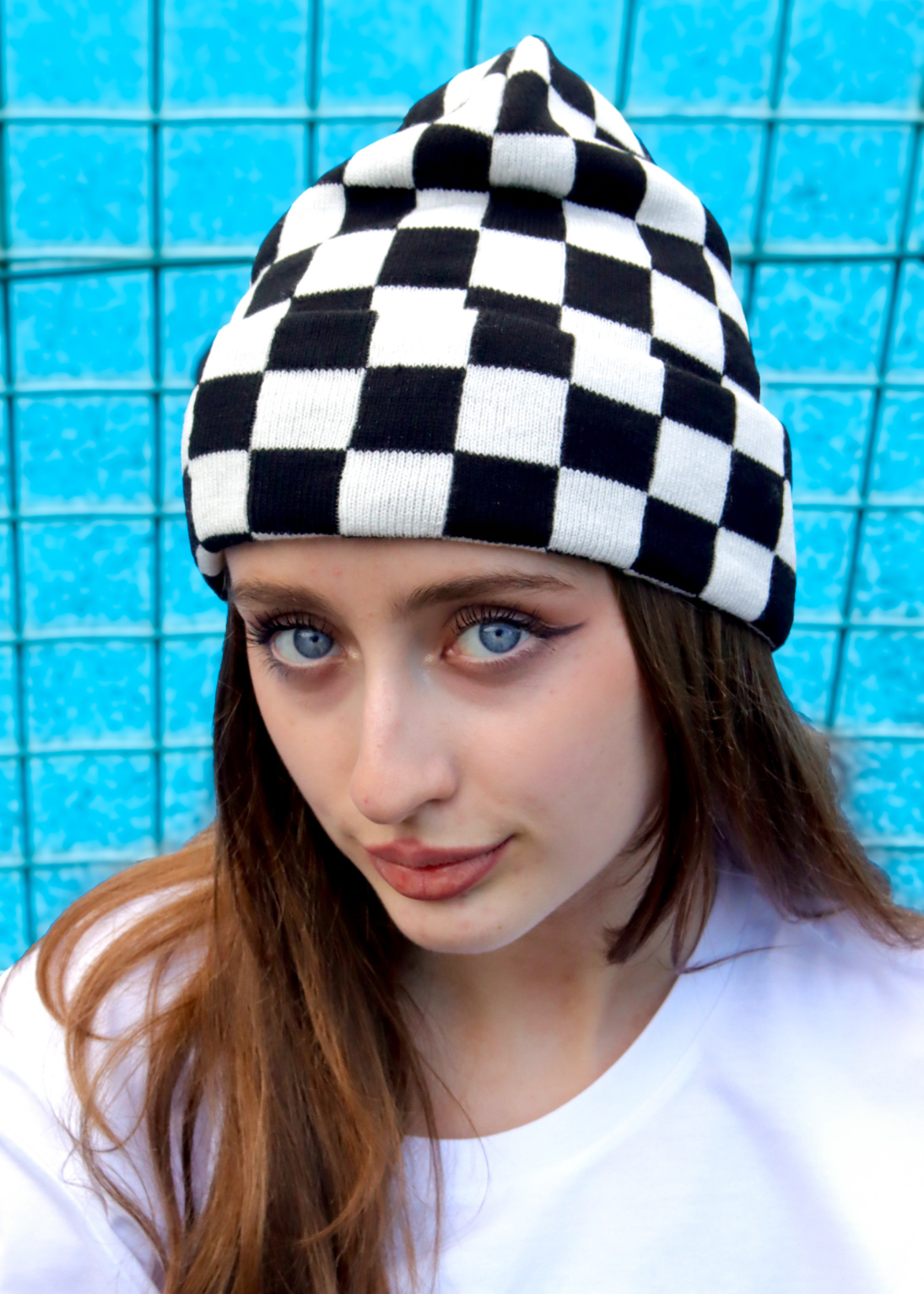 Checkerboard Beanie Hat in Black & Cream