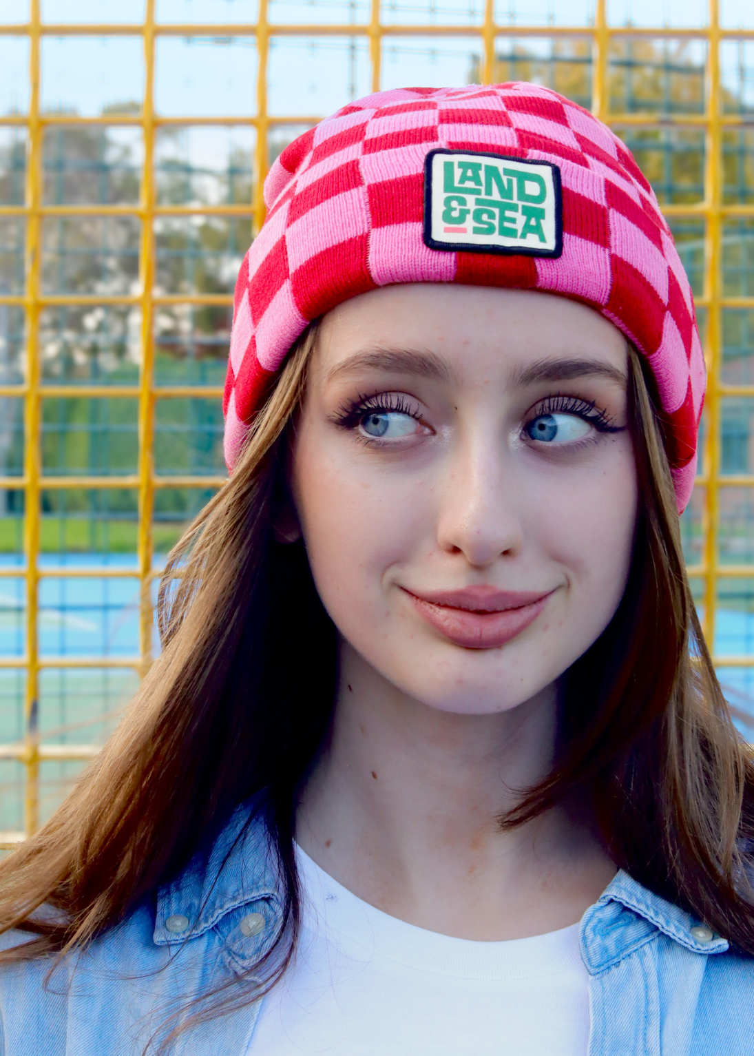Checkerboard Beanie Hat in Pink & Red