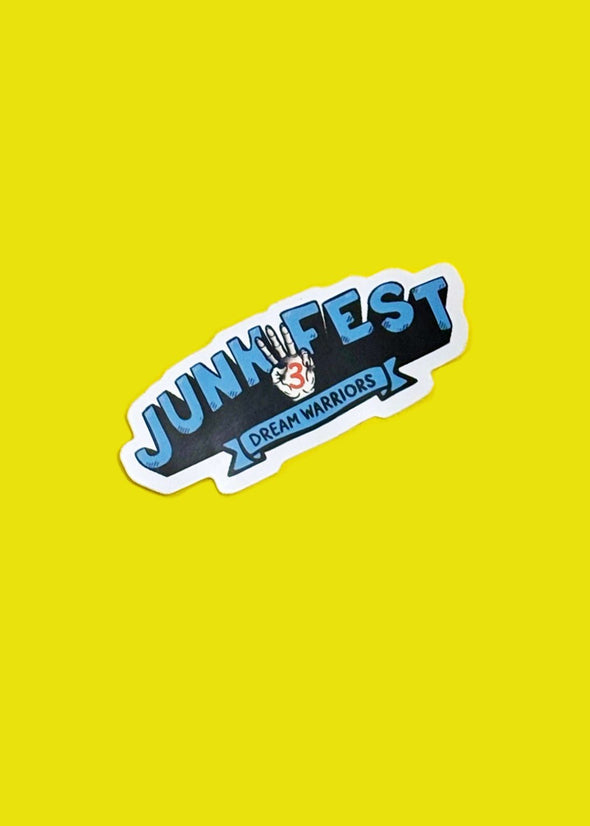Sticker with 'JUNK FEST' text on a yellow background
