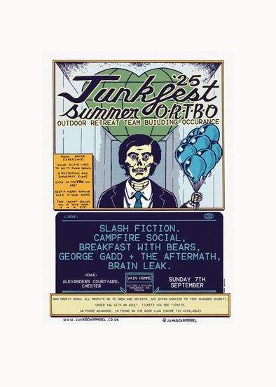 Promotional poster for a Junkbox music event featuring text and graphics on a white background with a Severance theme