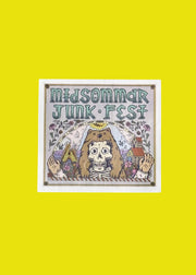 sticker for Midsommar Junk Fest with a stylized illustration of a skeleton and houses on a yellow background.