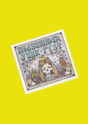 sticker for Midsommar Junk Fest with a bear and skull design on a yellow background