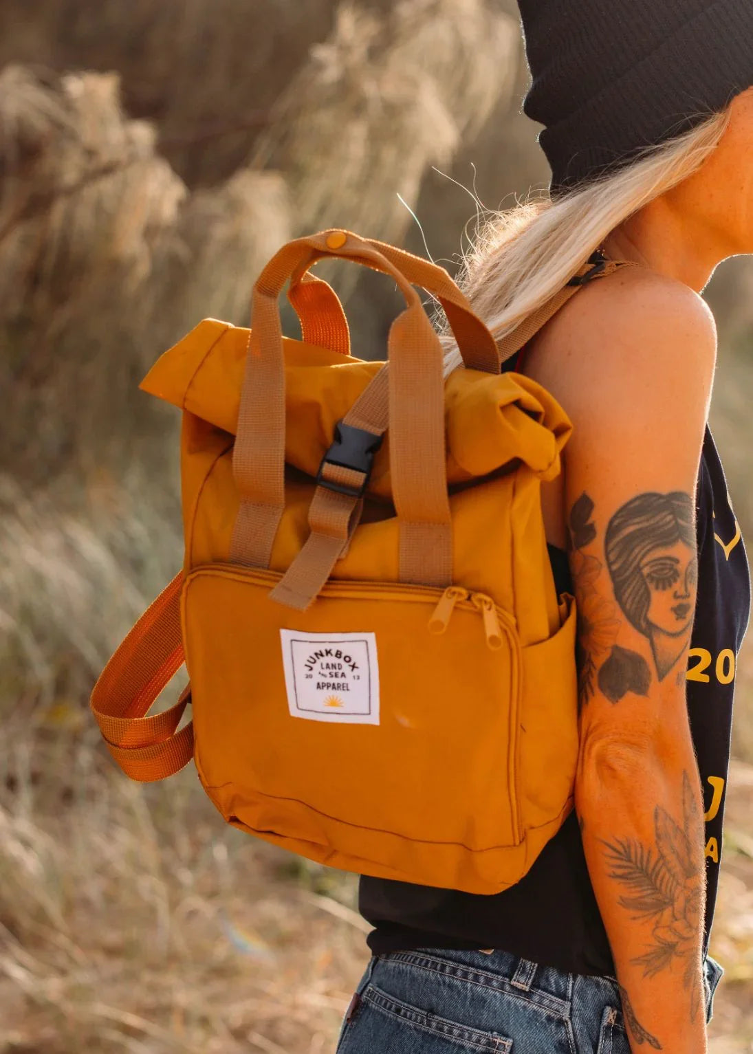 The Mini' Recycled Roll-Top Backpack in Mustard
