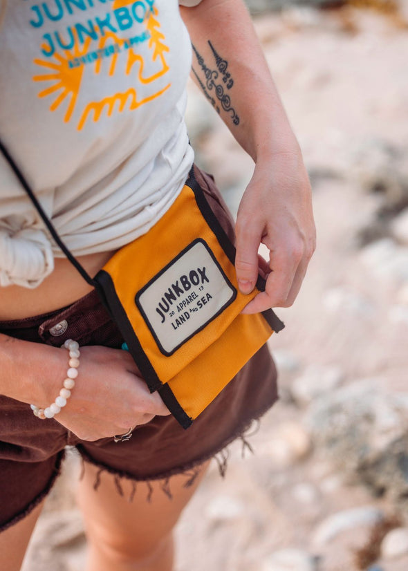 Mustard recycled velcro cross body pouch