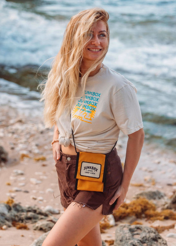 Mustard recycled velcro cross body pouch