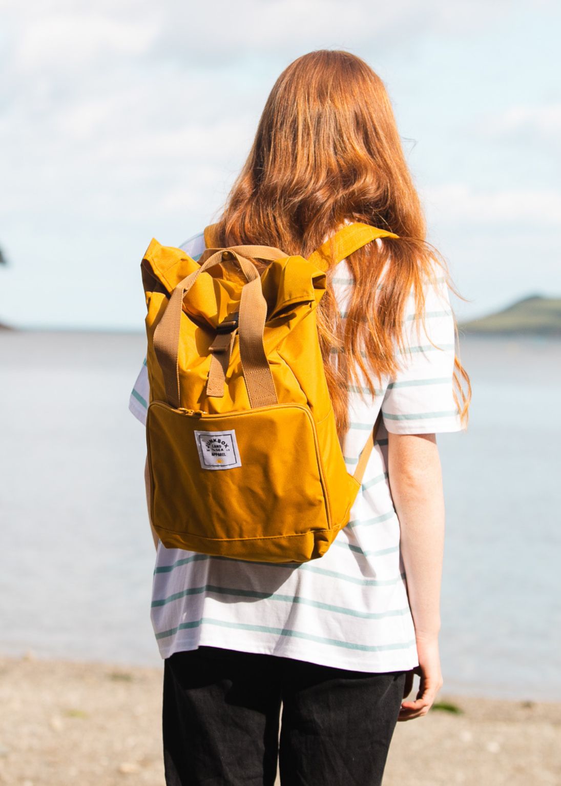 Upcycled rolltop backpack, handmade travel blue yellow backpack, women store men laptop backpack, ecofriendly backpack, aesthetic college backpack