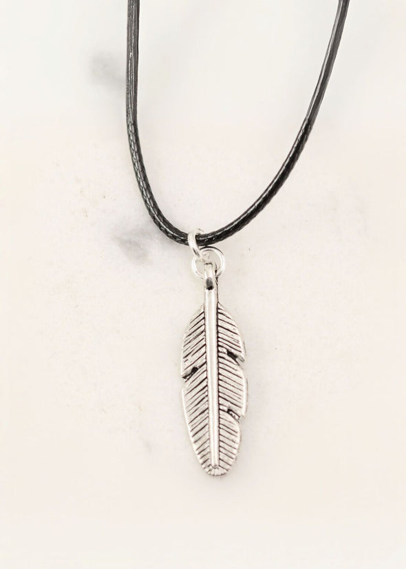 Silver Feather Black Cord Necklace