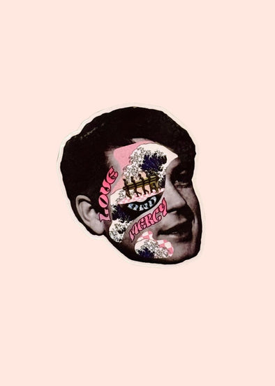 Artistic depiction of a face with colorful text and designs on a pink background