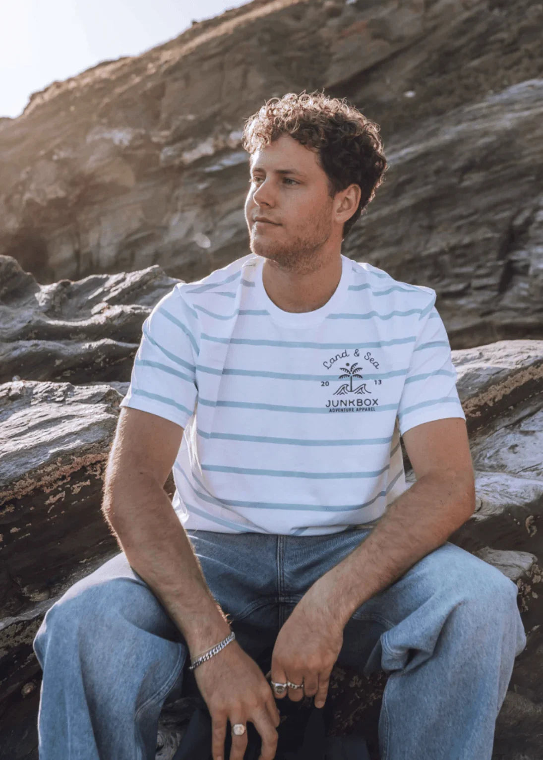 Palm Duck Egg Blue & White Stripe Tshirt - Junkbox Apparel