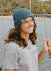 teal blue organic fisherman beanie hat front view