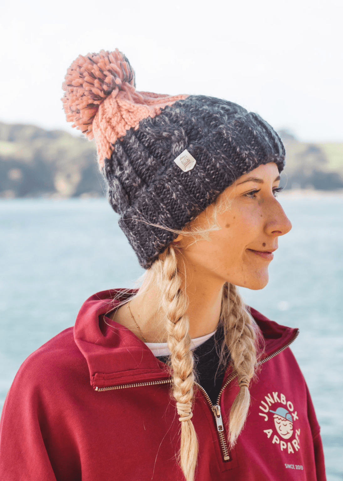 junkbox pink & grey adventurer pom bobble hat