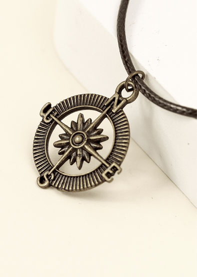 junkbox antique gold compass cord necklace