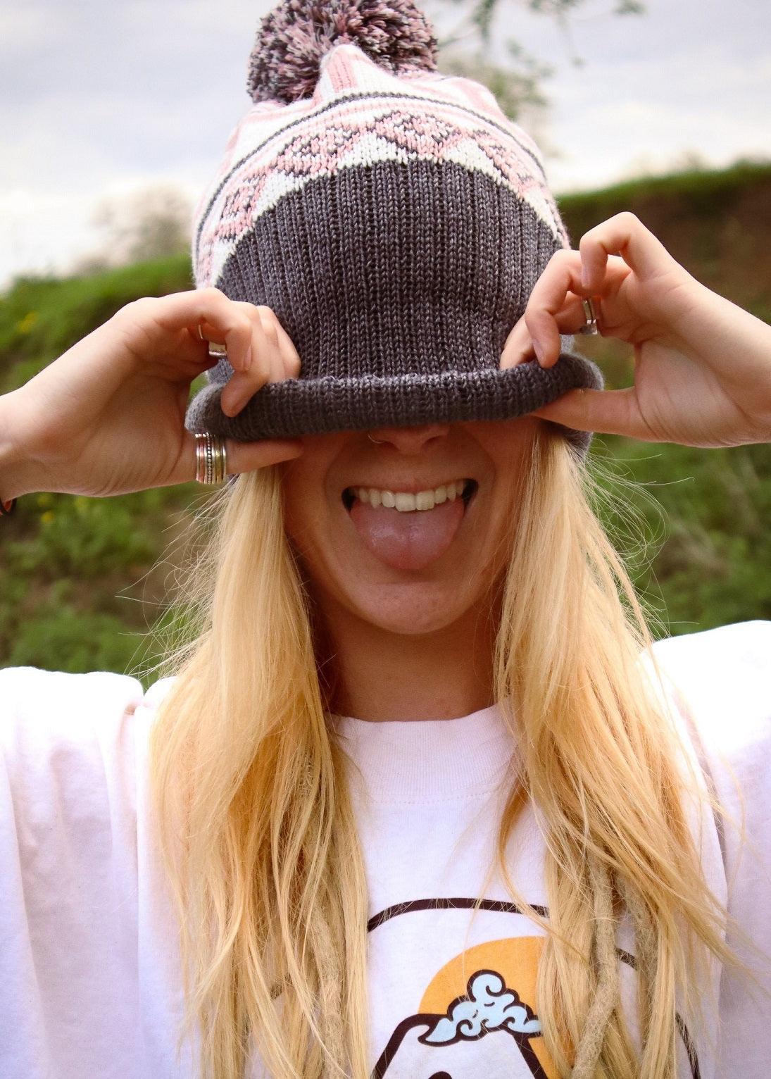 logo-merino-bobble-hat-in-rose-and-charcoal-junkbox-apparel-2 - Junkbox Apparel