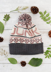 Junkbox pink & grey merino bobble beanie hat