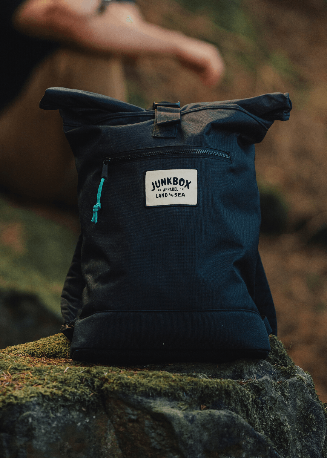 black recycled junkbox roll top backpack 
