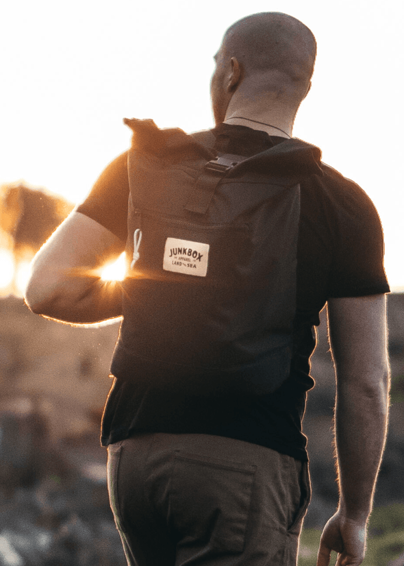 black recycled junkbox roll top backpack 