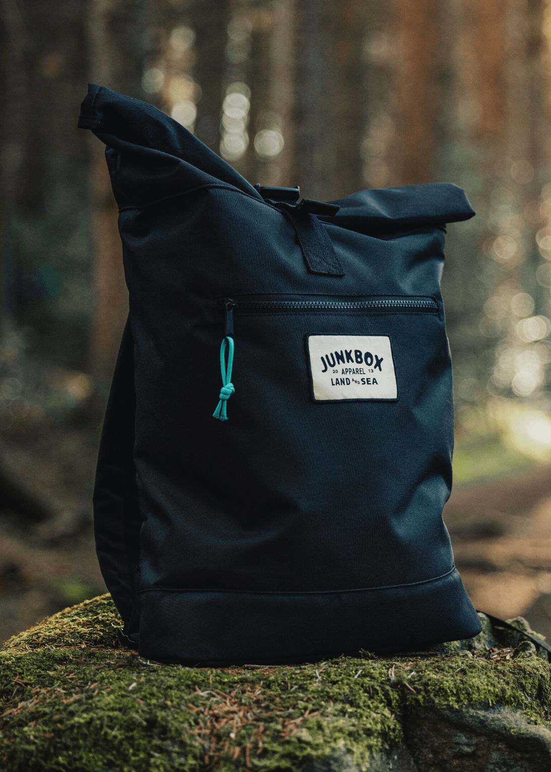 black recycled junkbox roll top backpack 