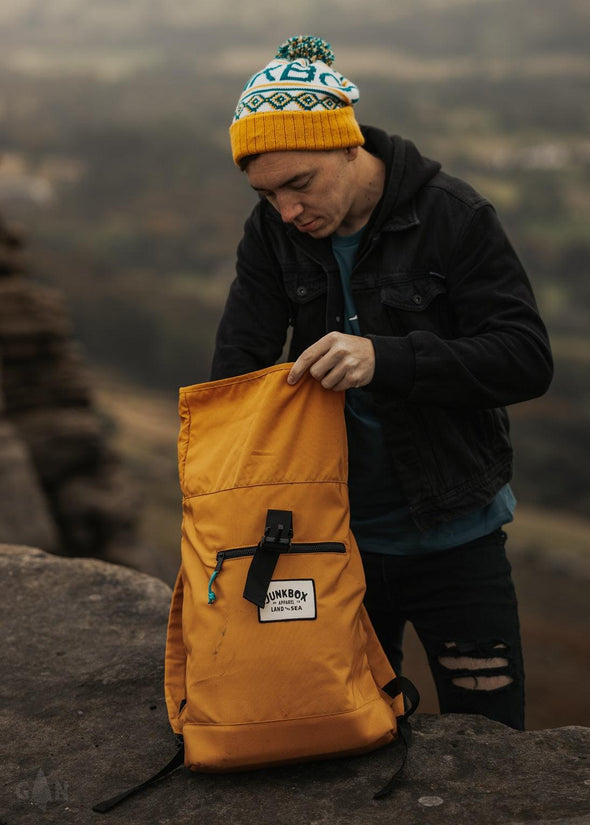junkbox mustard recycled roll top backpack