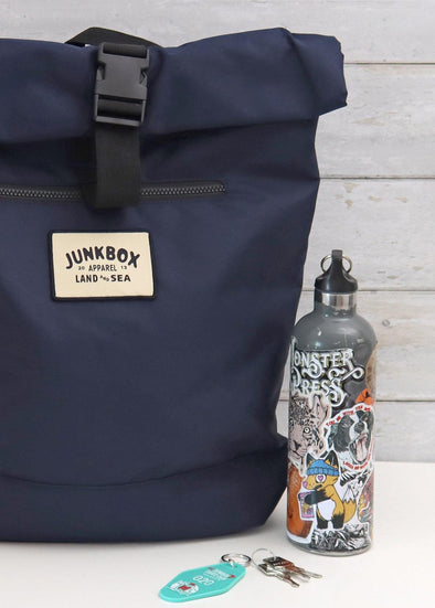 'The Adventurer' Recycled Roll-Top Backpack in Navy - Junkbox Apparel