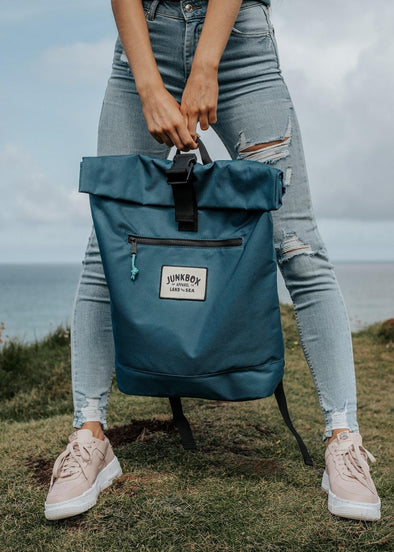 junkbox recycled blue roll top backpack