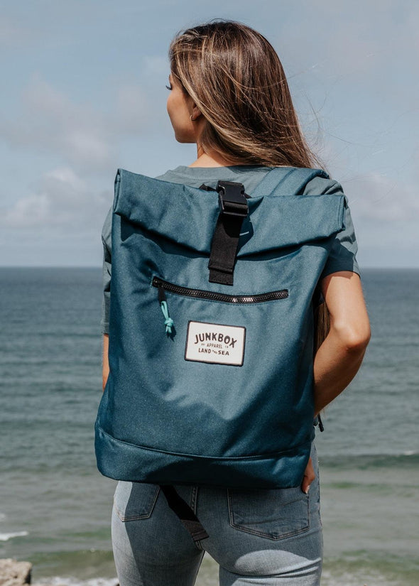 recycled junkbox blue roll top backpack