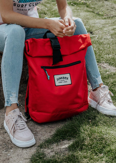 junkbox red recycled roll top backpack