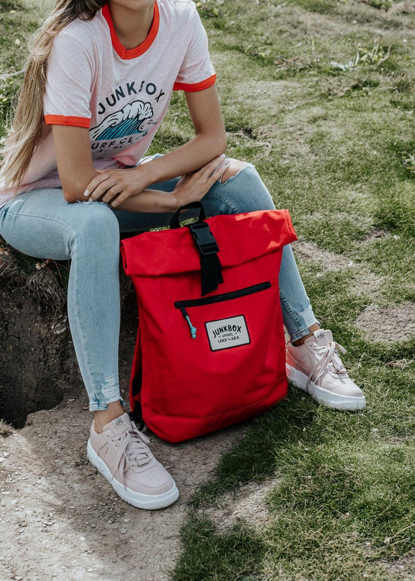 recycled junkbox red roll top backpack