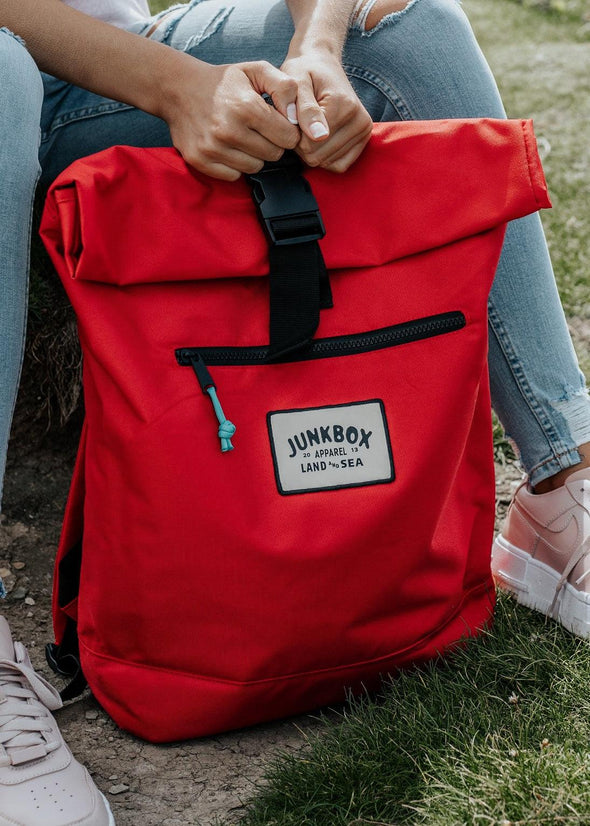 recyceld red junkbox roll top backpack