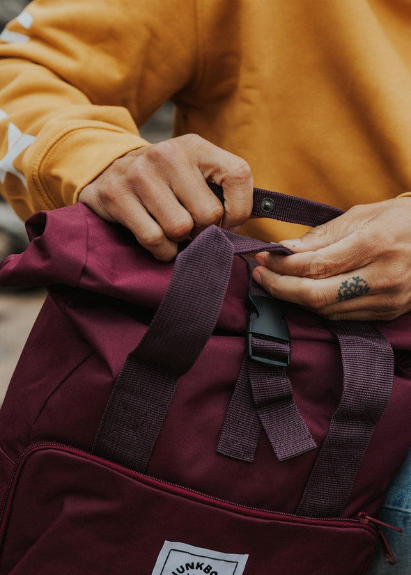 junkbox burgundy roll top backpack