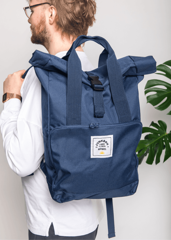 'The Everyday' Recycled Roll-Top Backpack in Navy - Junkbox Apparel
