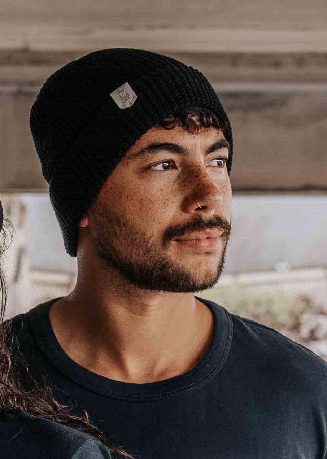 black junkbox organic cotton waffle fisherman beanie