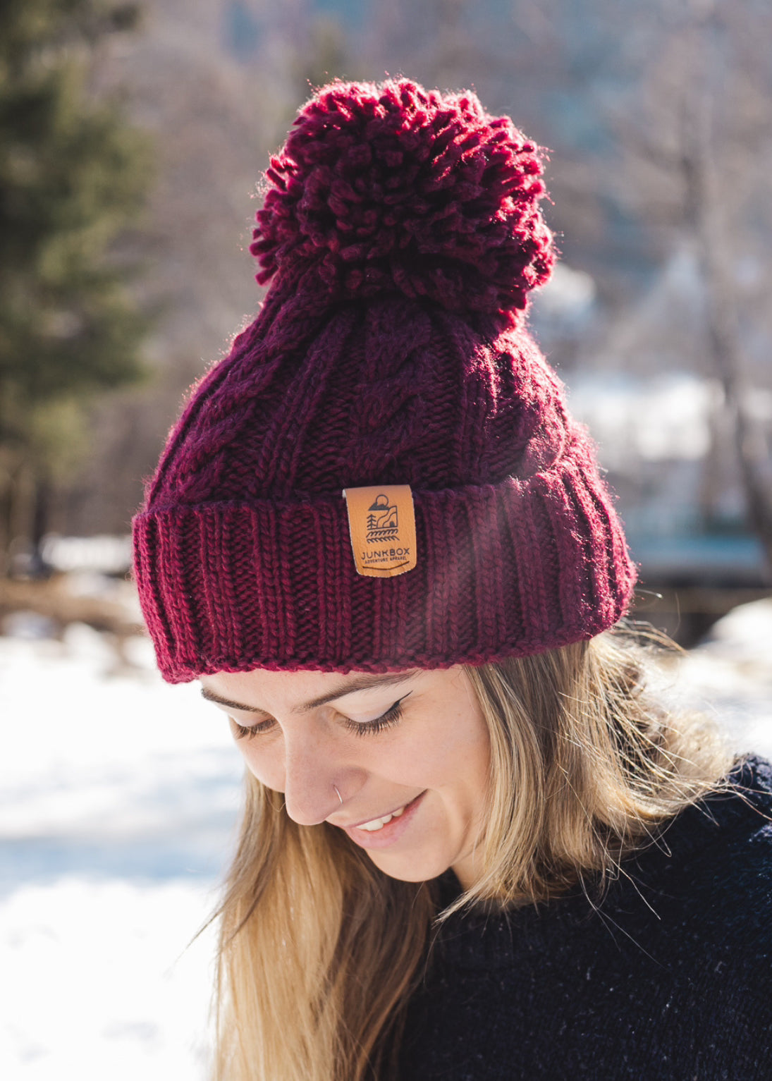 junkbox burgundy wanderer beanie bobble hat